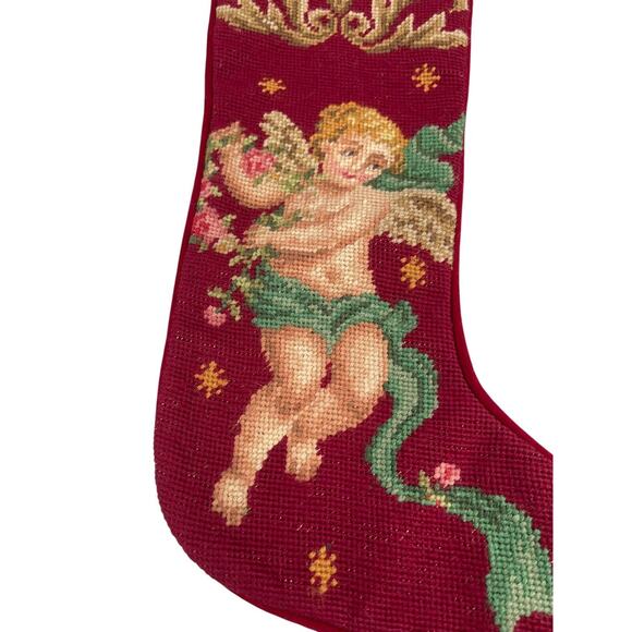 Vintage Imperial Elegance Needlepoint Stocking Christmas Angel Cherub Red Wool - Picture 3 of 7